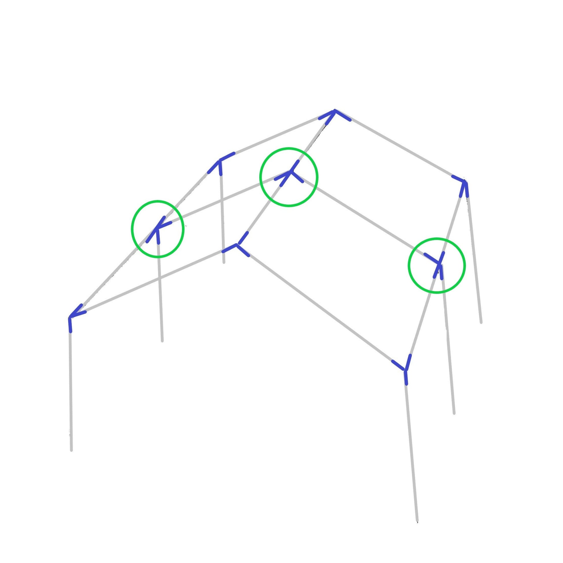 Diagram showing 4-way high peak side edge or top center fitting placement on canopy frame structure