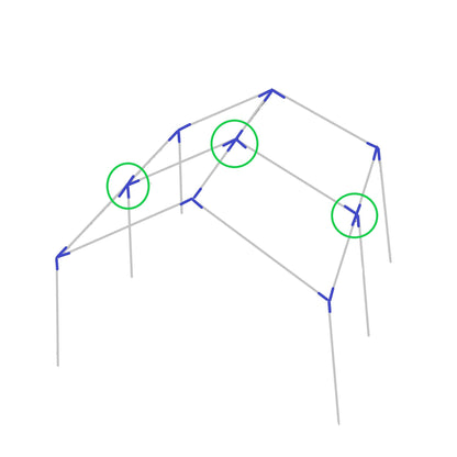 Diagram showing 4-way high peak side edge or top center fitting placement on canopy frame structure