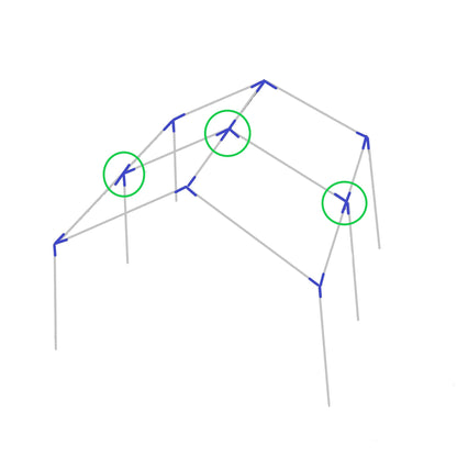 Diagram showing 4-way high peak side edge or top center fitting placement on canopy frame structure