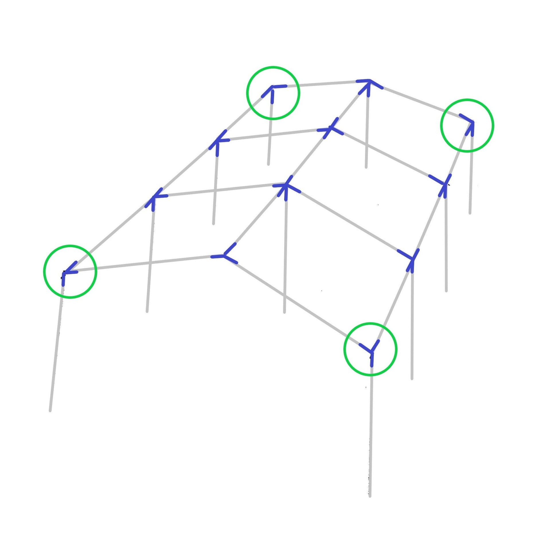 Diagram showing 3-way corner low peak up angle fitting placement on canopy frame structure