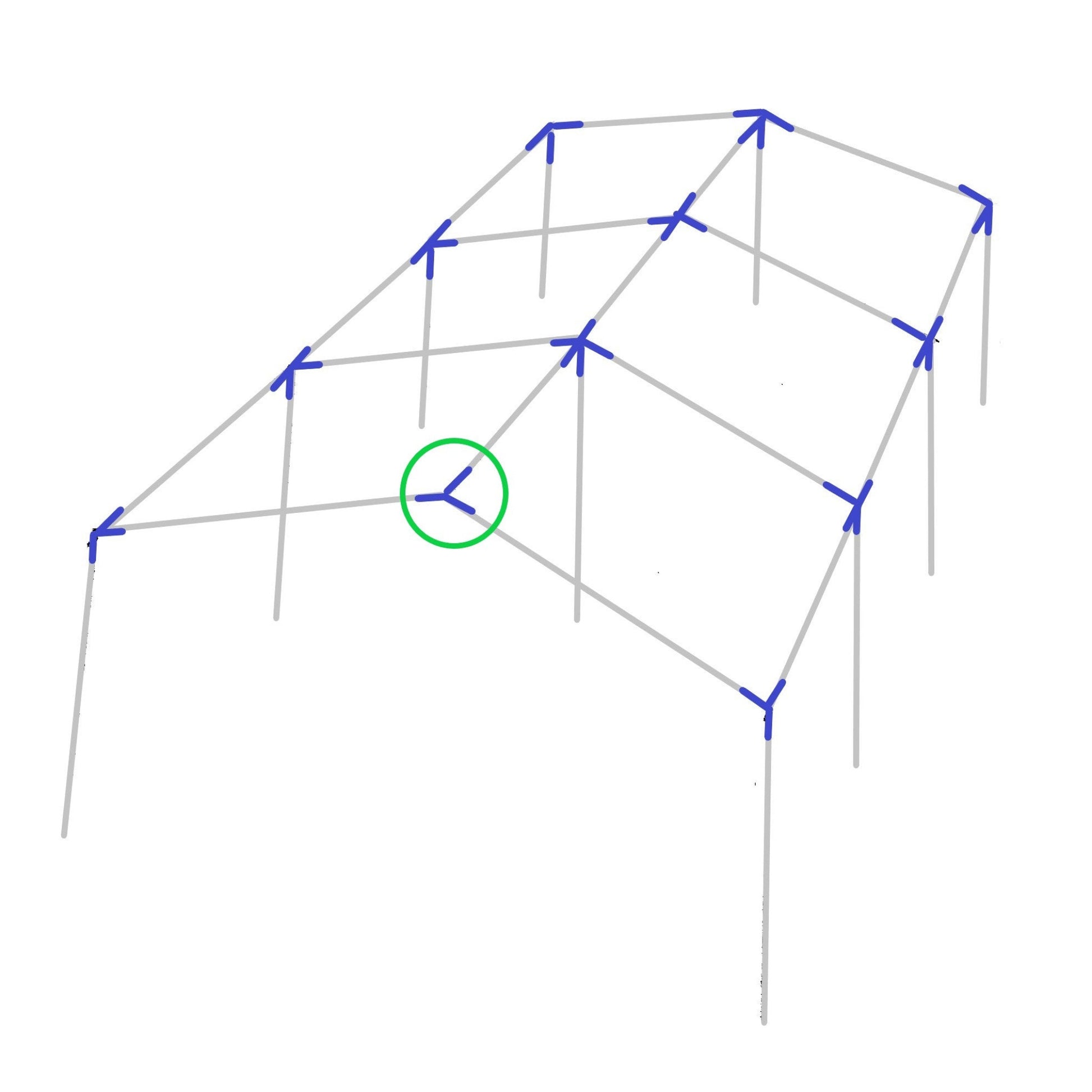 Diagram showing 3-way top end low peak fitting placement on canopy frame structure