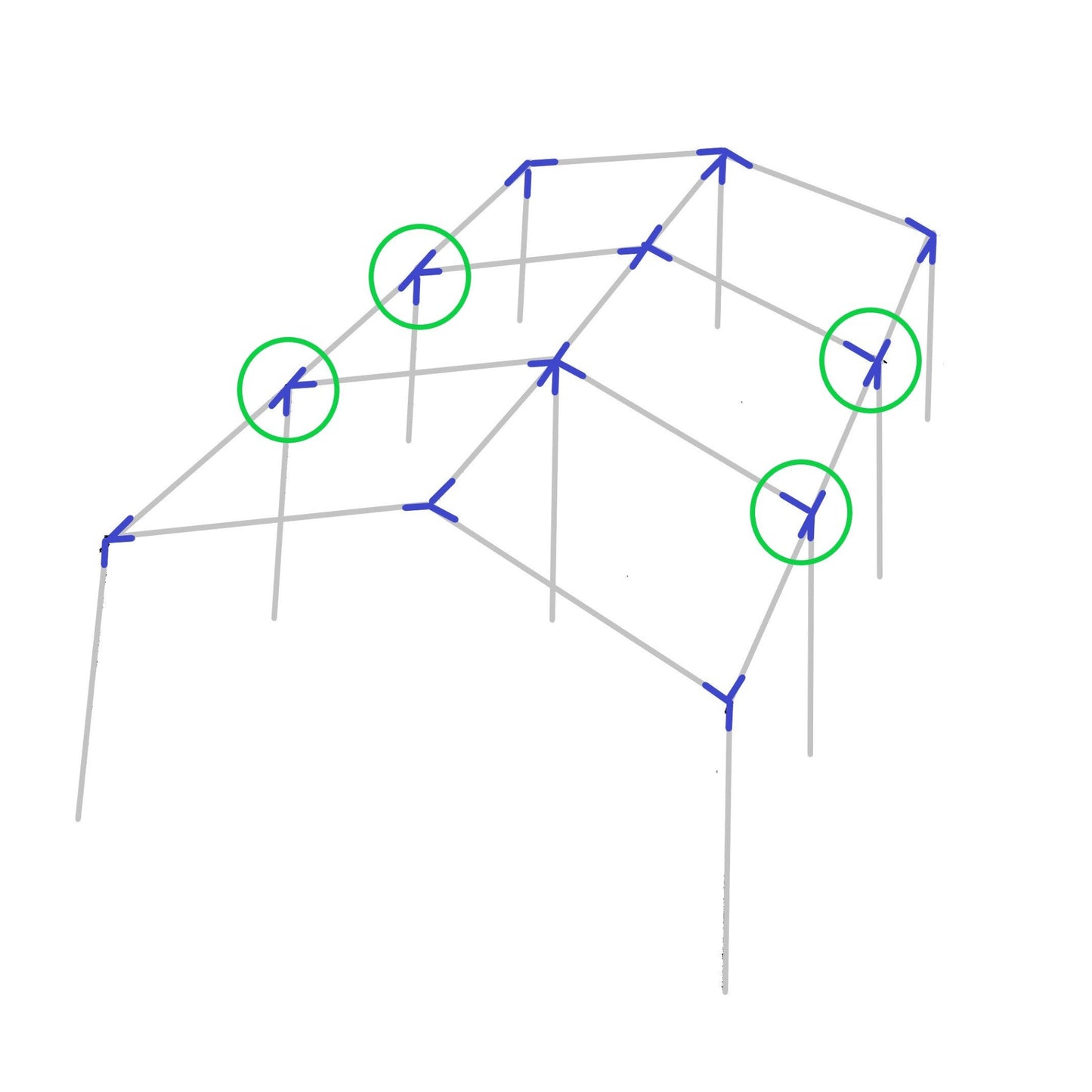 Diagram showing 4-way low peak up angle edge side fitting placement on canopy frame structure