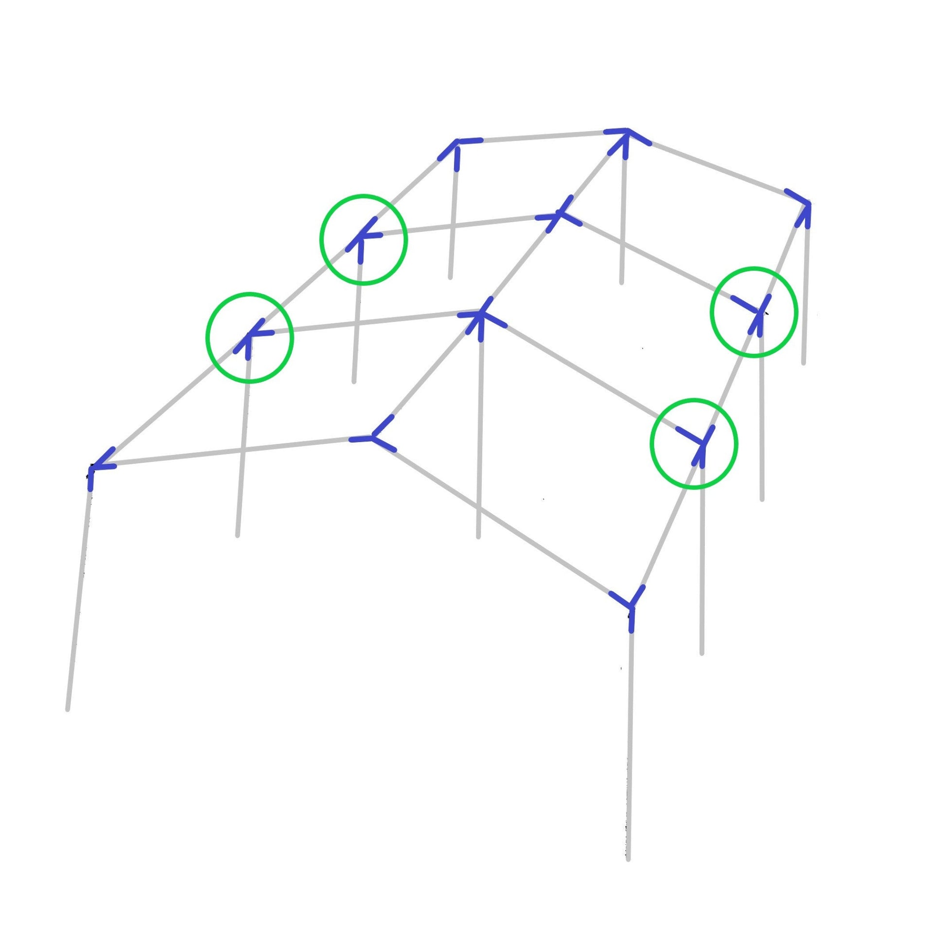 Diagram showing 4-way low peak up angle edge side fitting placement on canopy frame structure
