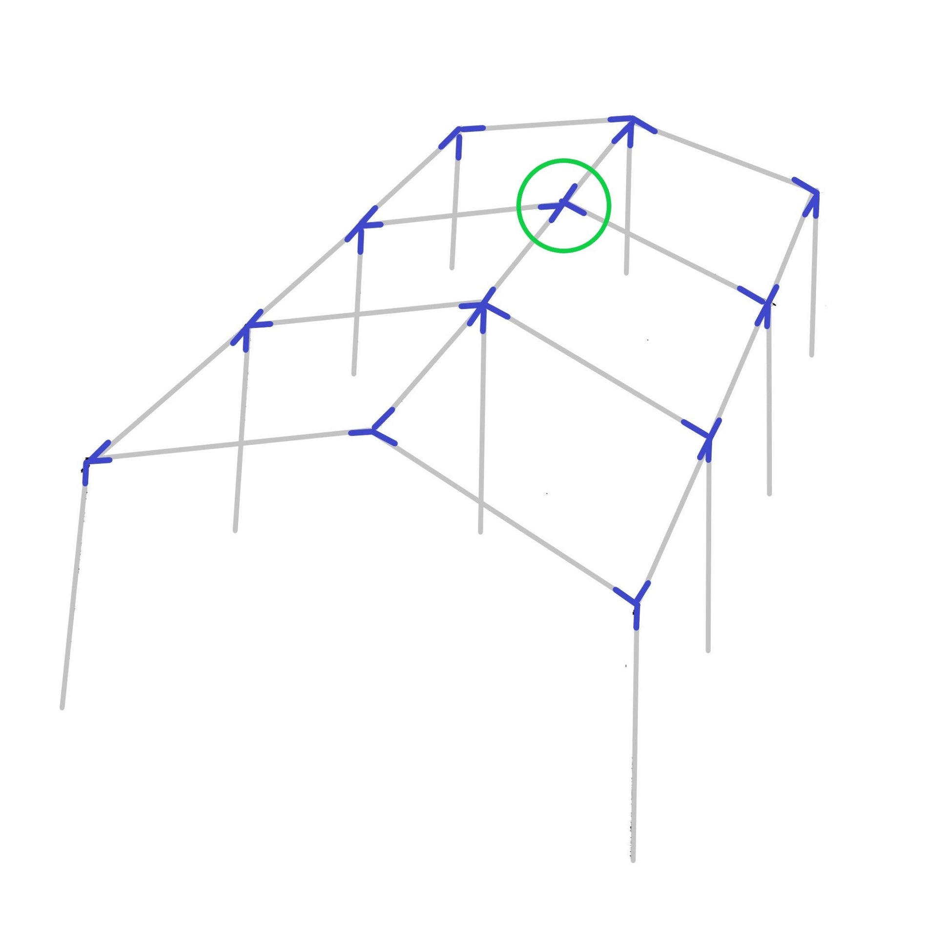 Diagram showing 4-way low peak top center fitting placement on canopy frame structure