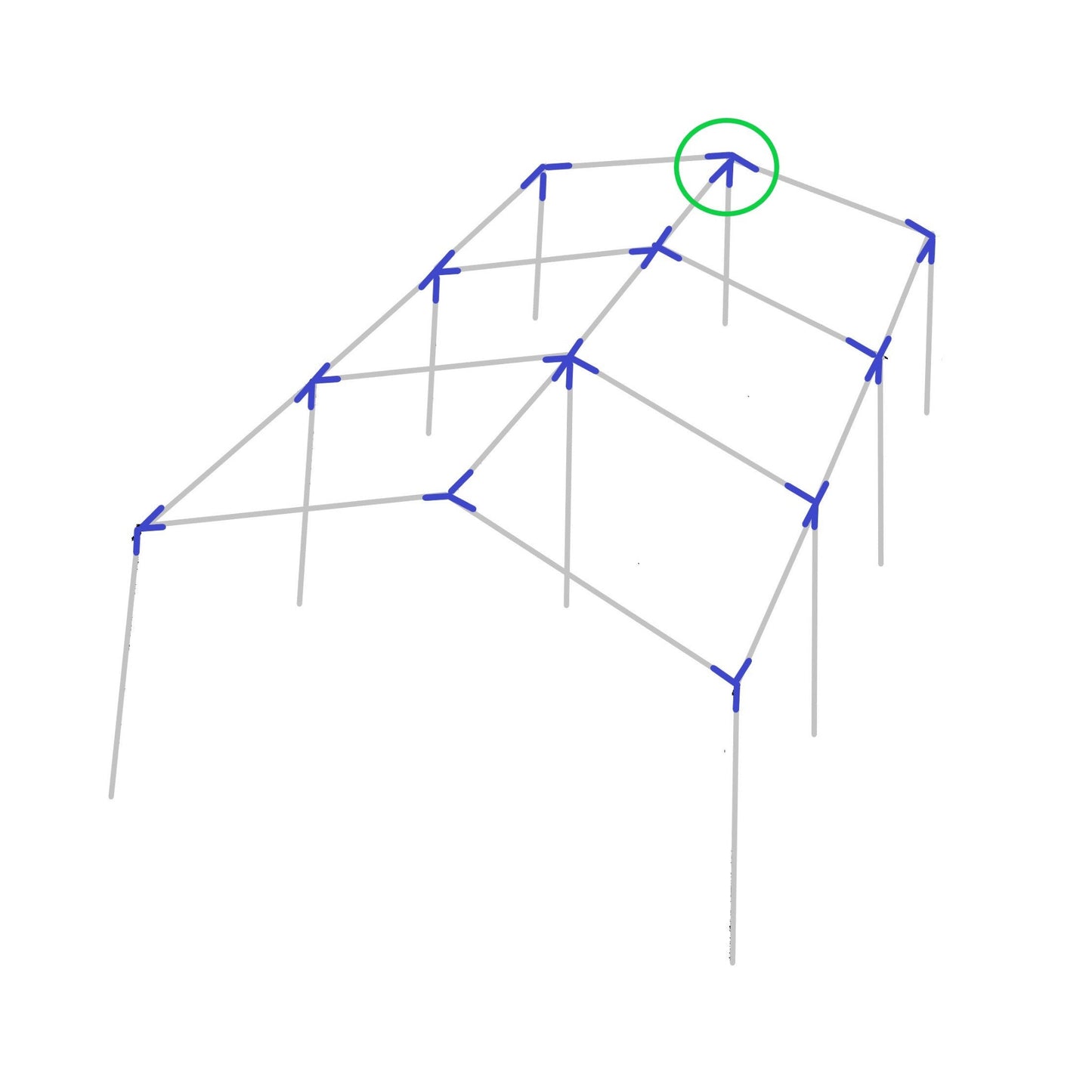 Diagram showing 4-way low peak top end with leg fitting placement on canopy frame structure