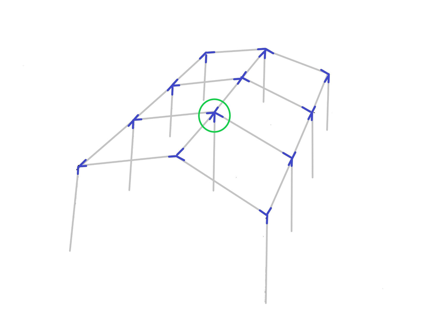 Diagram showing 5-way low peak top center fitting with leg placement on canopy frame structure 