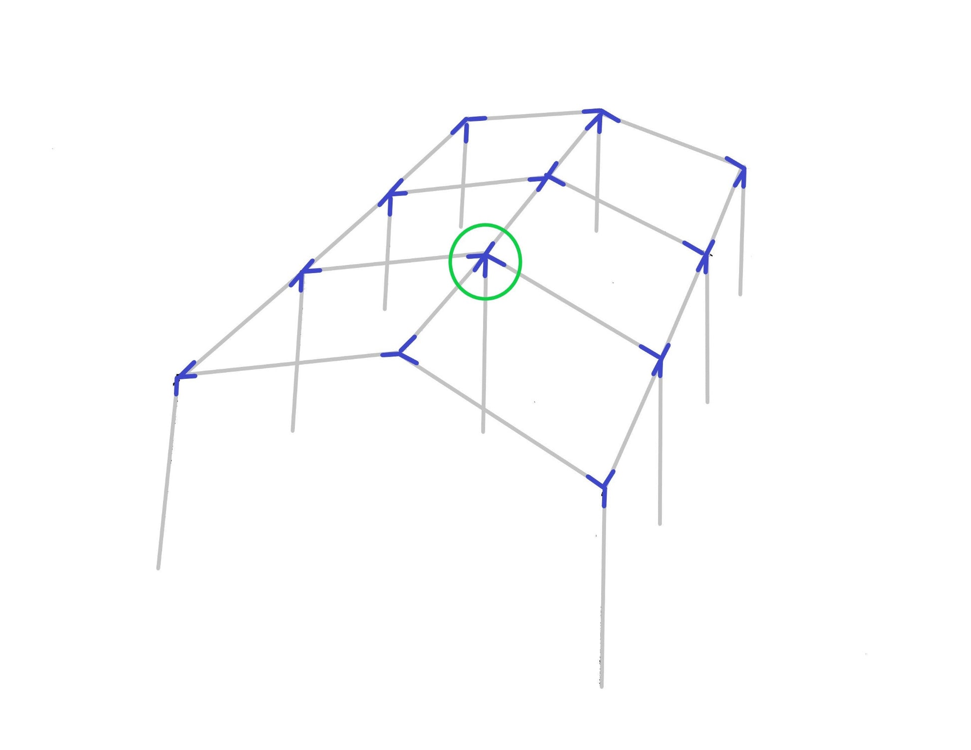 Diagram showing 5-way low peak top center fitting with leg placement on canopy frame structure 