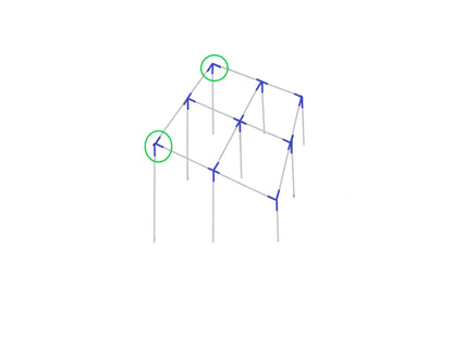Diagram showing 3-way lean to down slope corner fitting placement on canopy frame structure