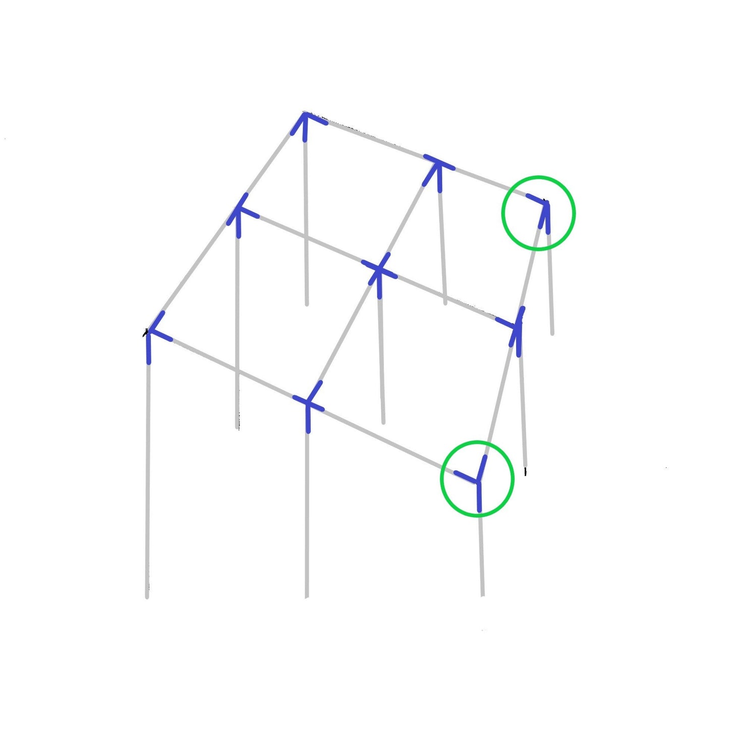 Installation diagram showing 3-way  corner shaped fitting placement on bottom of lean to slant angle canopy frame  