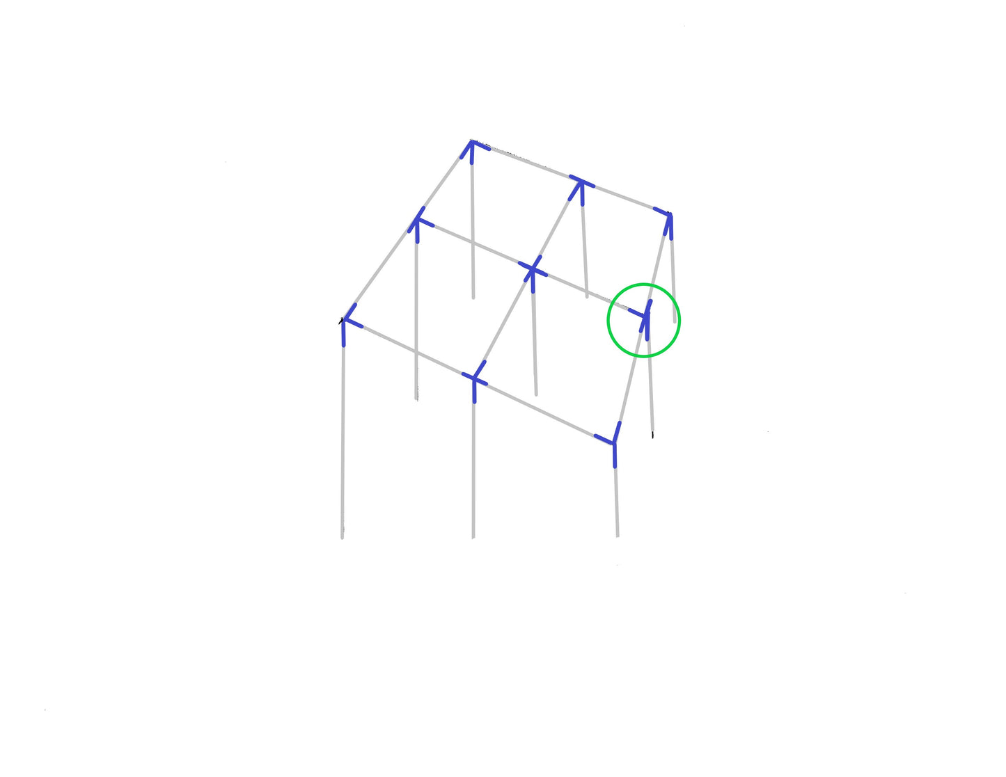 Diagram showing 4-way fitting placement on bottom of lean to slant canopy frame structure
