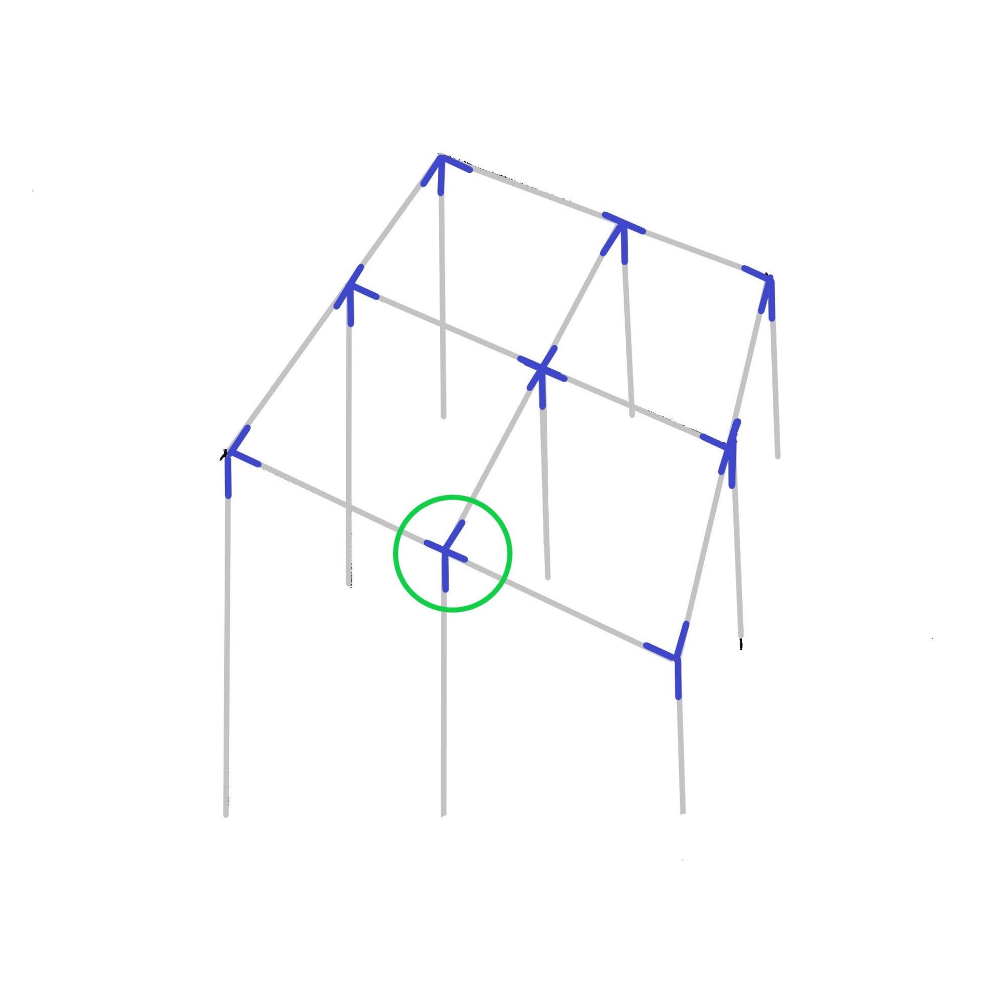 Diagram showing 4-way left side edge lean to slant angle fitting placement on canopy frame structure