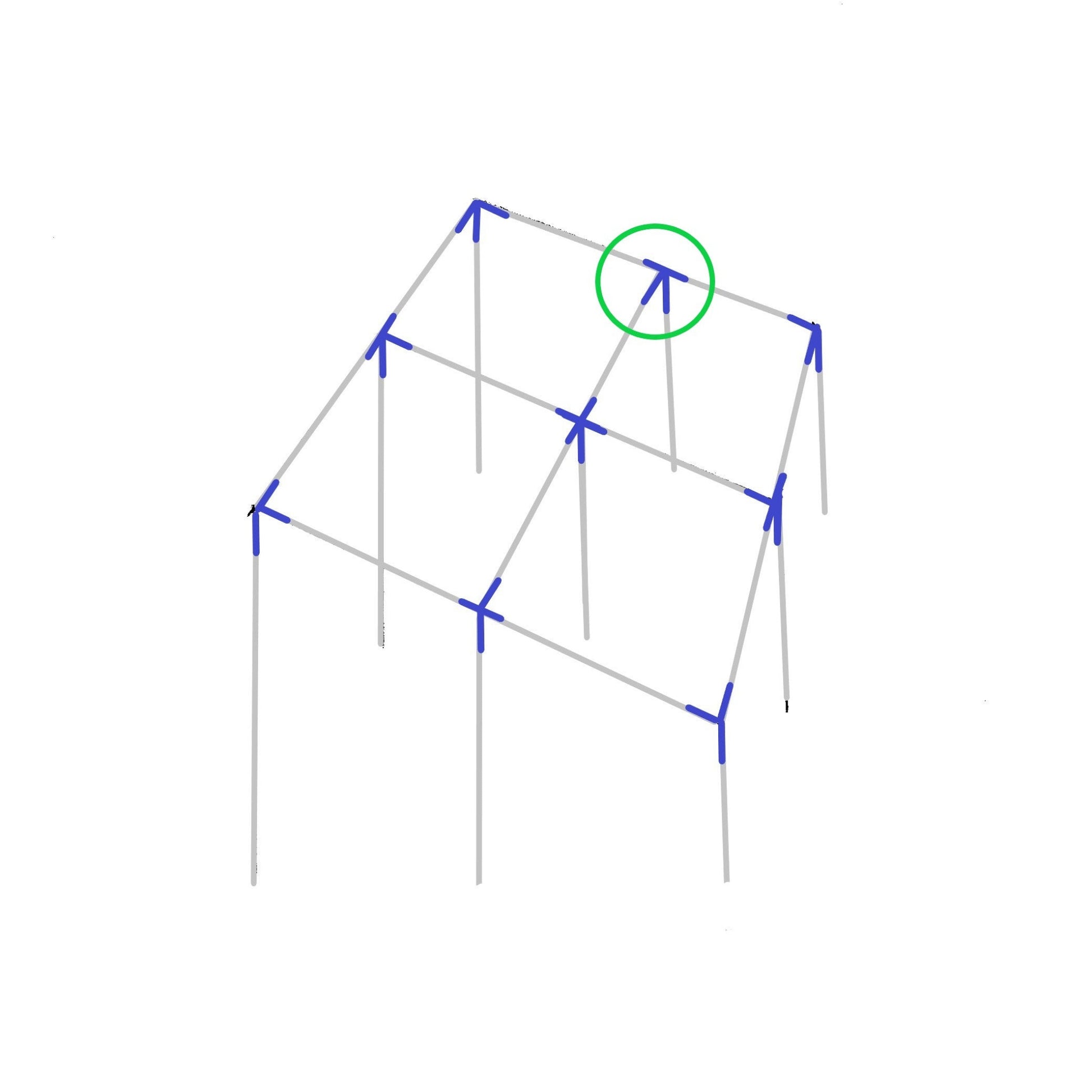 Diagram showing 4-way right side edge lean to slant angle fitting placement on canopy frame structure