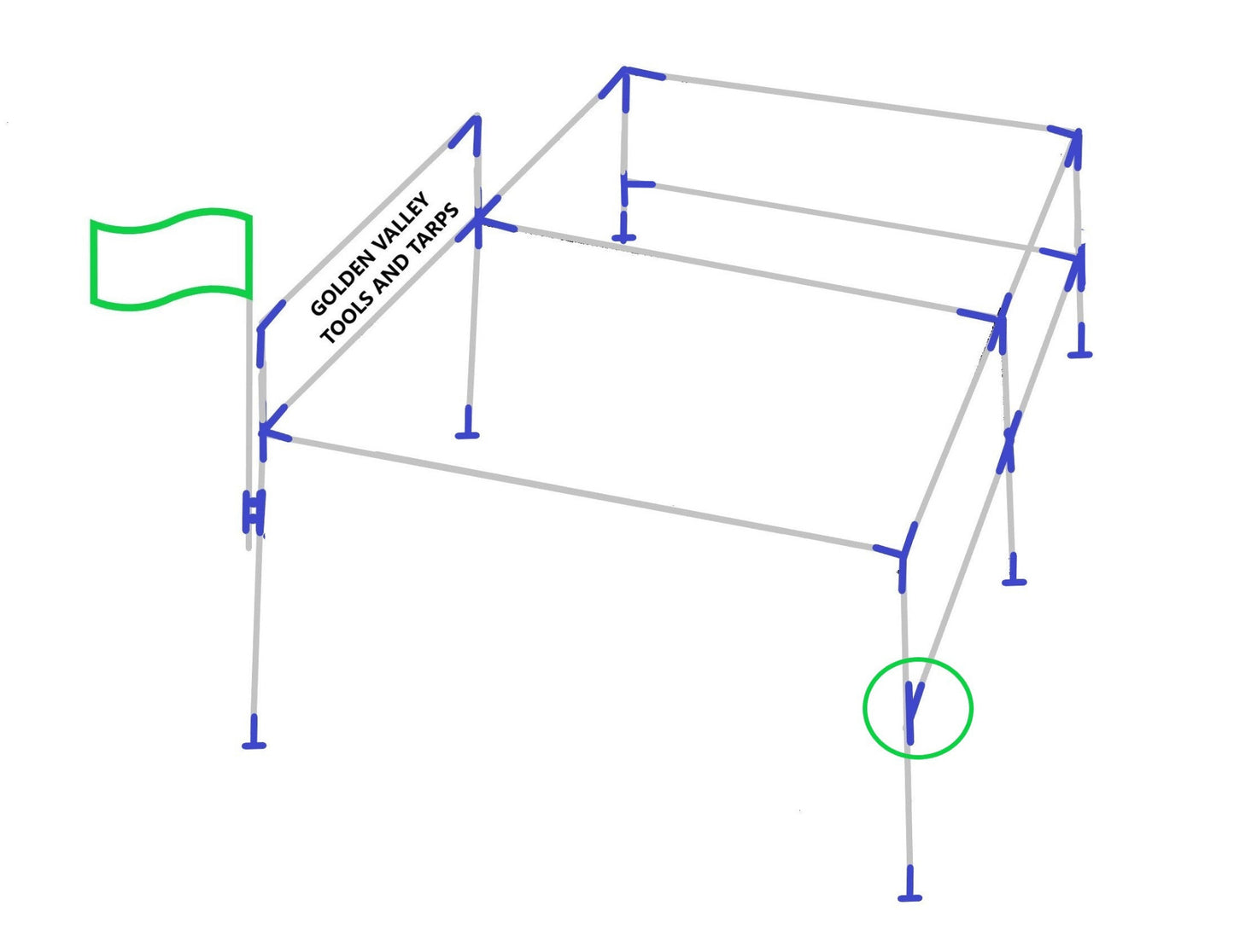 Installation diagram showing 3-way T shaped fitting placement at side of canopy frame