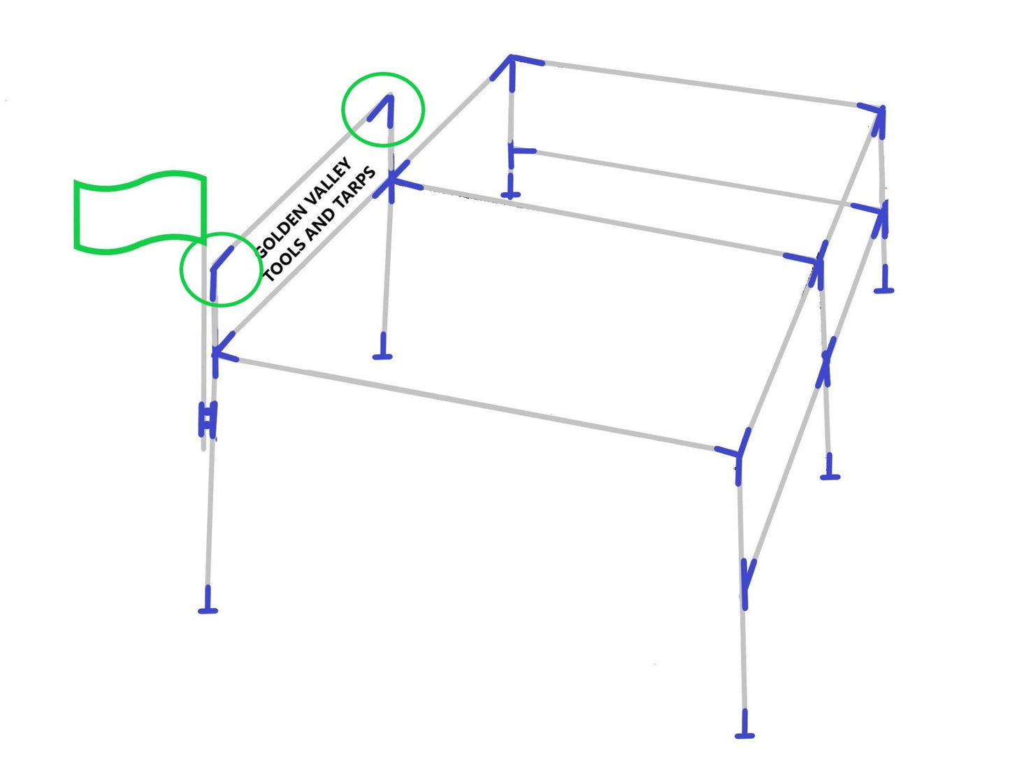 Diagram showing 2-way L shaped corner fitting placement on canopy frame structure