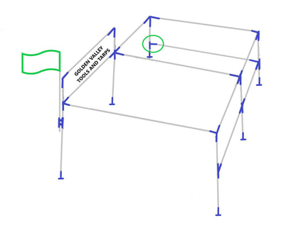 Diagram showing 2-way L shaped corner slider fitting placement on canopy frame structure