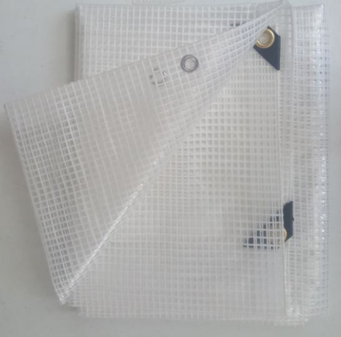 Clear heavy duty 14 mil poly tarp with reinforced edges and grommets