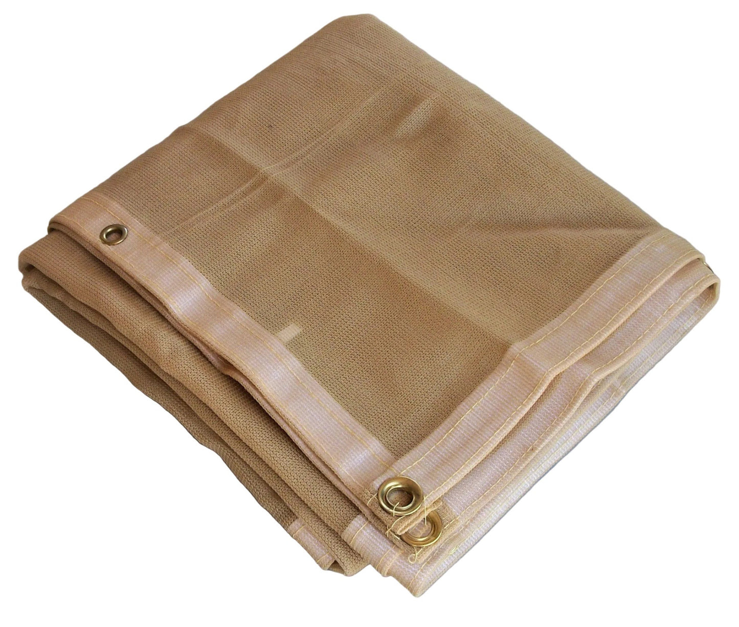 Tan mesh screen shade tarp with grommets providing 70% to 75% shade and airflow