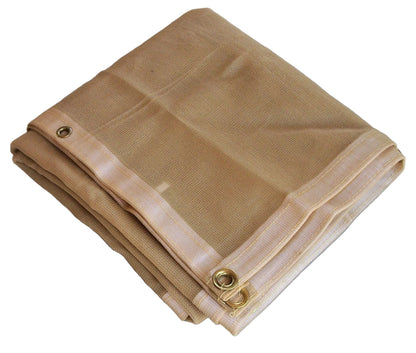 Tan mesh screen shade tarp with grommets providing 70% to 75% shade and airflow