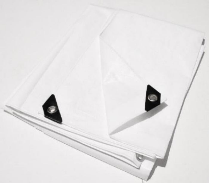 White heavy duty 12 mil poly tarp with reinforced edges and grommets