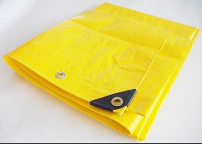 Yellow heavy duty 12 mil poly tarp with reinforced edges and grommets