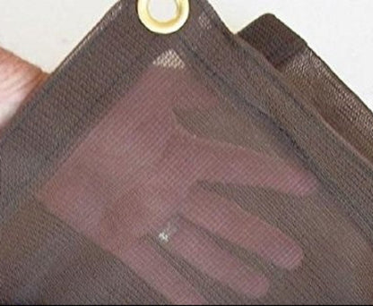 Close-up of breathable mesh tarp material showing weave pattern reinforced edge and grommet