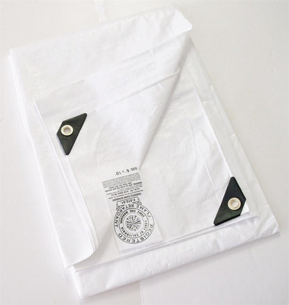 White heavy duty 12 mil poly Fire retardant tarp with reinforced edges and grommets
