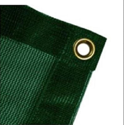 Close-up of breathable mesh tarp material showing weave pattern reinforced edge and grommet